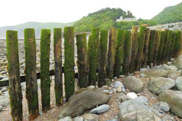 Fototapeta premium Weathered wooden groyne on the beach in village of Lynmouth, Devon 