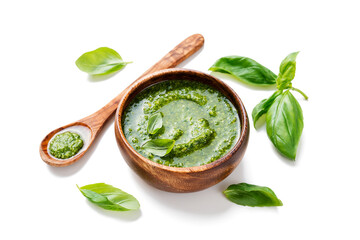 Traditional italian sauce pesto with green basil in wooden bowl isolated on white background