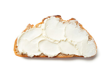 Toasted bread with cream cheese isolated on white background, top view