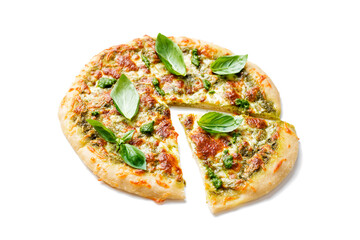Fresh baked homemade pizza or pie with basil pesto sauce,mozzarella cheese and fresh basil leaves. isolated on white background