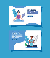 set banner of people meditating, concept for yoga, meditation, relax, healthy lifestyle in landscape vector illustration design