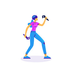 Woman play with VR controllers flat color vector faceless character