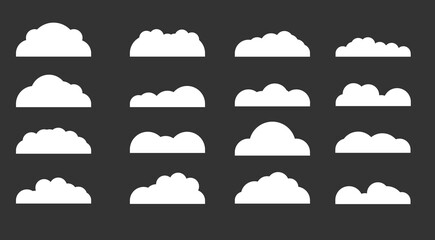 Set of diffenrent cloud icons in flat design isolated on black background. Cloud symbol for your web etc
