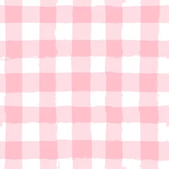 Deurstickers Geometrische vormen naadloze tartan girly patroon, geruite print, geruite roze verf penseelstreken. gingham. Ruit en vierkantentextuur voor textiel: overhemden, tafelkleden, kleding,