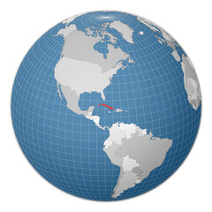 Globe centered to Cuba. Country highlighted with green color on world map. Satellite world projection. Modern vector illustration.