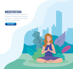 banner of woman meditating, concept for yoga, meditation, relax, healthy lifestyle in landscape vector illustration design