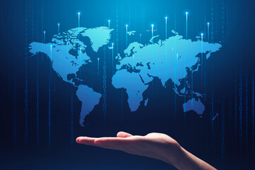 Global technologies. Collage with male hand, world map and computer binary code on blue background