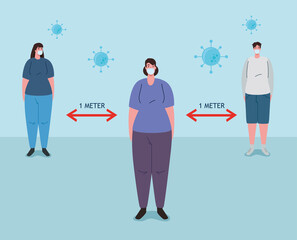social distancing, keep distance in public society to people protect from covid 19, people wearing medical mask against coronavirus vector illustration design