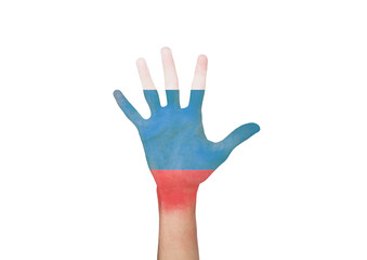 Russian Flag Painted On Open Male Palm Isolated On White Background