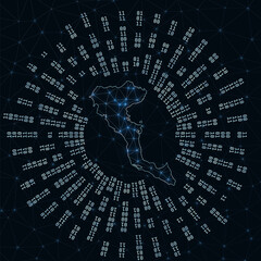 Corfu digital map. Binary rays radiating around glowing island. Internet connections and data exchange design. Vector illustration.