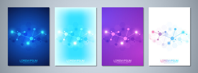 Fototapeta na wymiar Set of template brochures or cover design, book, flyer, with molecules background and neural network. Abstract geometric background of connected lines and dots. Science and technology concept.