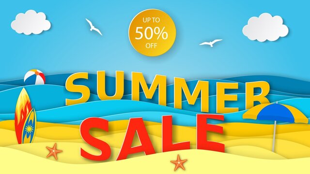Summer sale banner. Sea landscape with beach, waves, clouds. Paper cut out digital craft style. abstract blue sea and beach summer background with paper waves and seacoast. Vector illustration