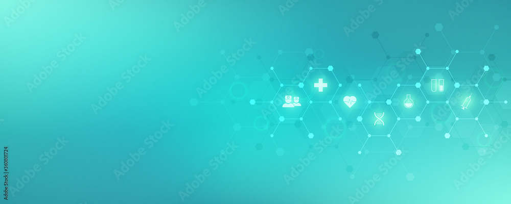 Sticker abstract medical background with flat icons and symbols. template design with concept and idea for h