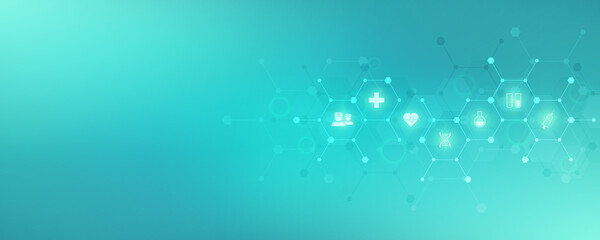 Abstract medical background with flat icons and symbols. Template design with concept and idea for healthcare technology, innovation medicine, health, science and research.