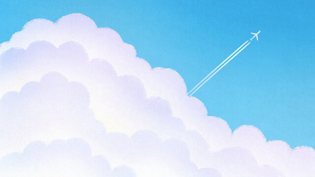 青空と飛行機雲のイラスト　旅行　海外　ビジネス　出張　航空機　旅客機　背景装飾　