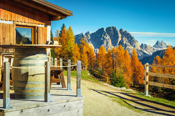 Wooden house with terrace in the colorful autumn forest, Dolomites