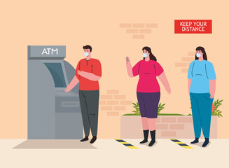 social distancing and coronavirus covid 19 prevention, maintain a safe distance from others when using atm vector illustration design
