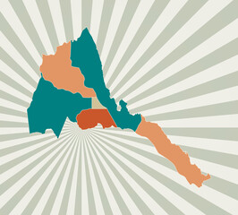 Eritrea map. Poster with map of the country in retro color palette. Shape of Eritrea with sunburst rays background. Vector illustration.