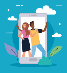 happy characters, young woman with man in smartphone, friendship excitement, online celebration vector illustration design