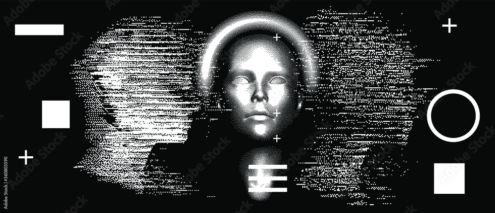 Poster Silhouette of a human made in pixel art style. Conceptual image of AI (artificial intelligence), VR (virtual reality), Deep Learning  and Face recognition systems.