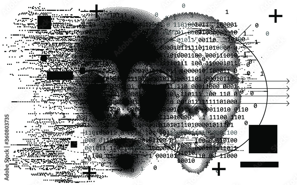 Aufkleber Abstract technology background with binary code and 3d face mask. Conceptual illustration of Artificial intelligence.