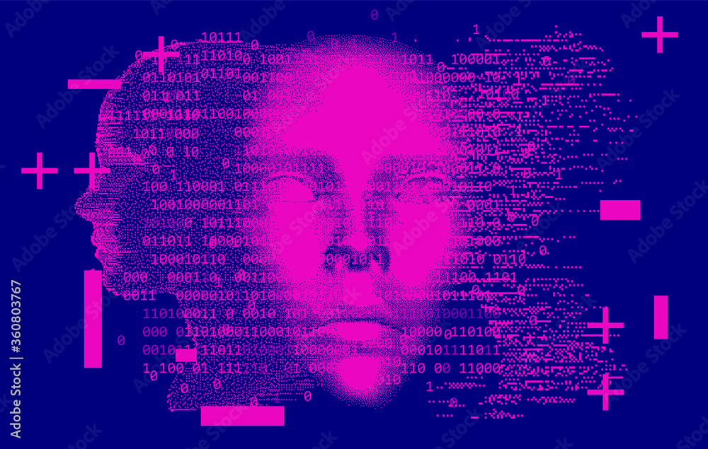 Poster Abstract technology background with binary code and 3d face mask. Conceptual illustration of Artificial intelligence.