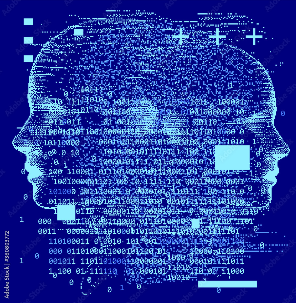 Poster Abstract technology background with binary code and 3d face mask. Conceptual illustration of Artificial intelligence.