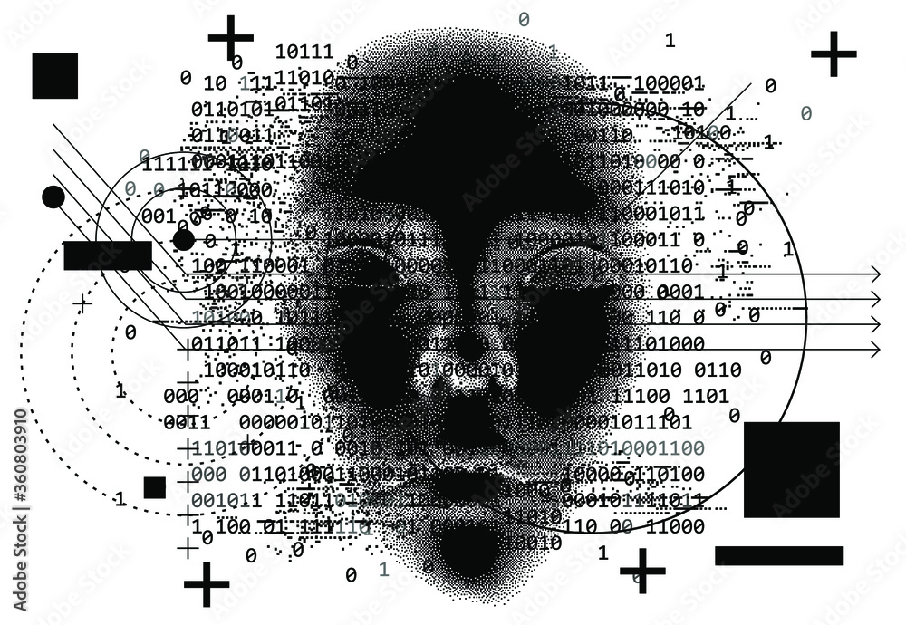 Aufkleber Abstract technology background with binary code and 3d face mask. Conceptual illustration of Artificial intelligence.