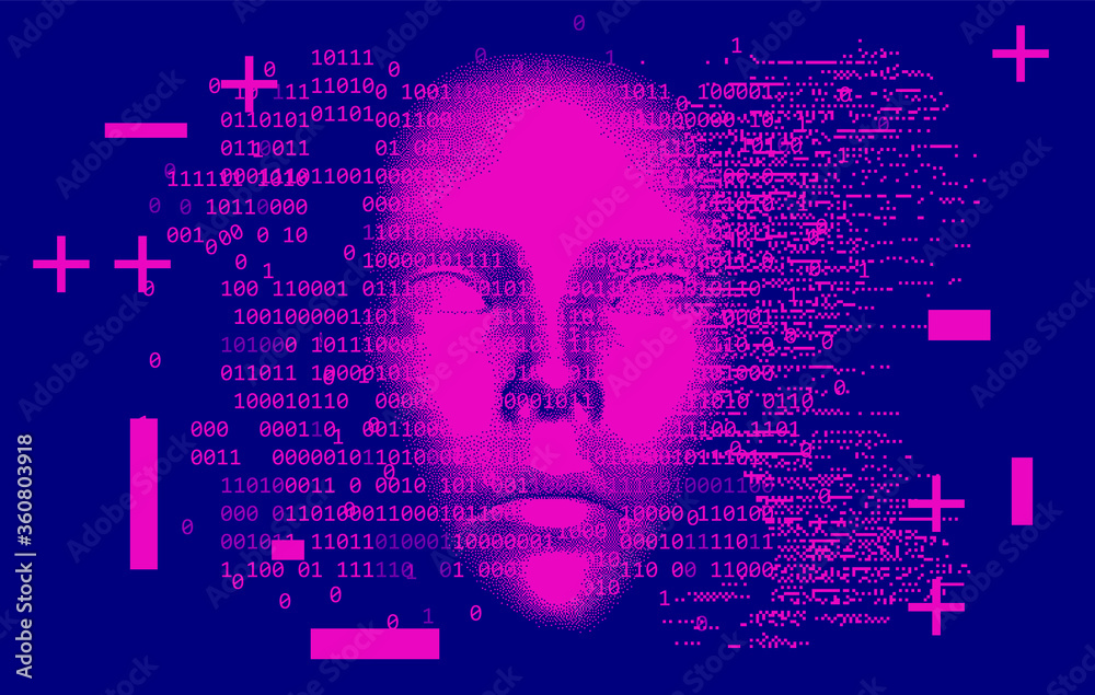 Aufkleber Abstract technology background with binary code and 3d face mask. Conceptual illustration of Artificial intelligence.