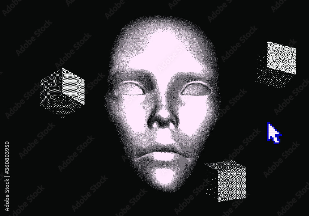 Poster Abstract technology background with 3D face mask in pixel art style. Conceptual illustration of Artificial intelligence.