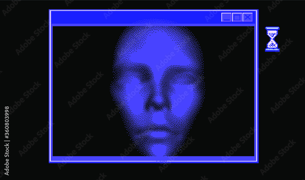 Poster Abstract technology background with 3D face mask and user interface elements in pixel art style. Conceptual illustration of Artificial intelligence.