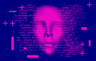 Abstract technology background with binary code and 3d face mask. Conceptual illustration of Artificial intelligence.