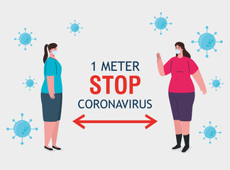 Fototapeta na wymiar social distancing, stop coronavirus one meter distance, keep distance in public society to people protect from covid 19, women wearing medical mask against coronavirus vector illustration