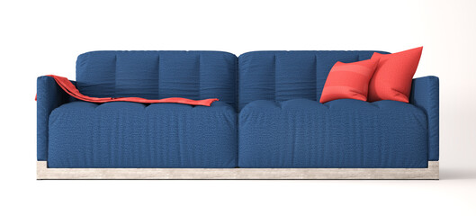 Blue sofa on white background and plaid and red pillow, 3d rendering