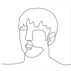 Drawing of a male head with open mouth in surprise / shock. Vector illustration of one continuous black line drawing on a white background.