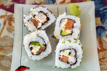 Japanese sushi food is excellent. Maki and rolls with tuna, salmon and avocado. Top view of assortment of sushi, all you can eat a la carte. Rainbow sushi roll, uramaki, hosomaki and nigiri.