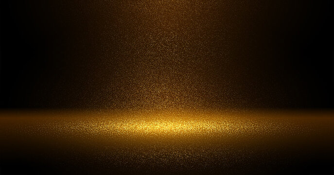 Luxury Gold glitter particles on black background. Golden glowing lights magic effects. Glow sparkles, vector illustration.