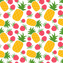 Raspberry and pineapple seamless pattern. Hand drawn fresh fruit. Vector sketch background. Color doodle wallpaper. Tropical print