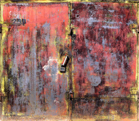 Metal garage doors painted by people as an abstract painting