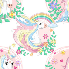 seamless pattern with cute unicorns, clouds,rainbow and stars. Magic background with little unicorns.
