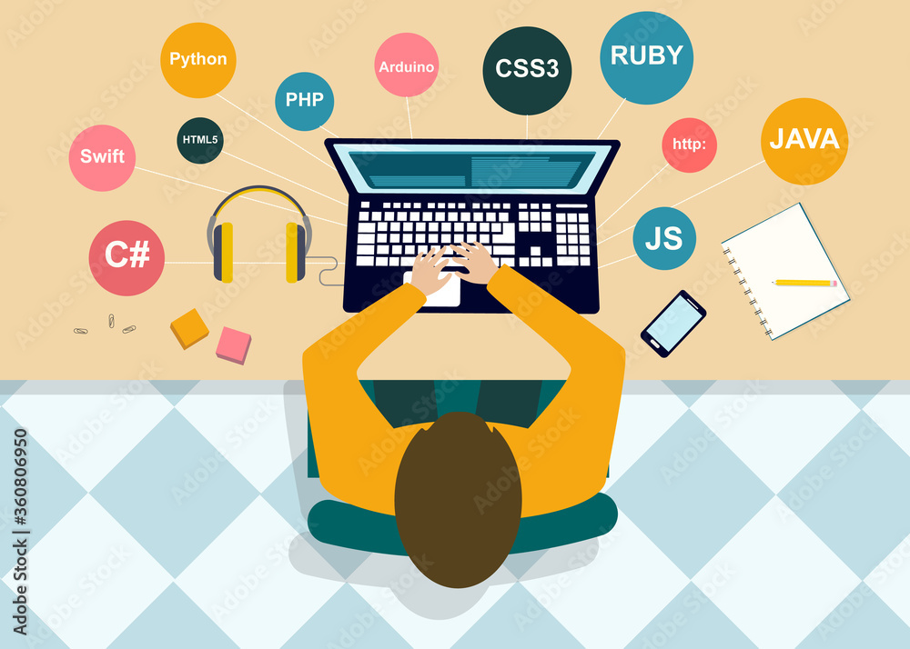 Poster Top view of programmer working on laptop, creative image