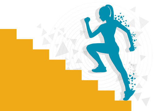 Girl runner climbing up by stairs, creative image
