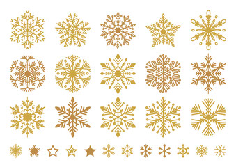 Golden snowflakes set. Christmas flat snow crystal