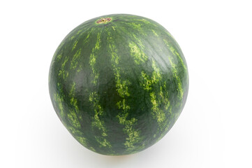 Summer foods and refreshing fruits concept with photograph of whole uncut round and stripped watermelon isolated on white background with clipping path cutout