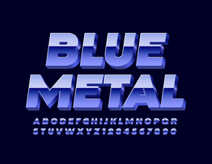 Vector Blue Metal Alphabet Letters and Numbers. 3D reflective Font