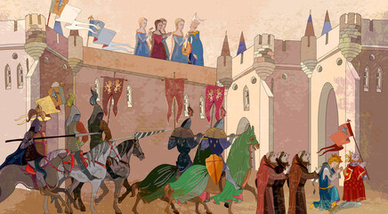 Fototapeta premium Medieval scene. Crusaders in an armor. Historical miniature art. Soldiers of the kingdom. Ancient book vector illustration. Knightly tournament. Middle Ages, parchment concept