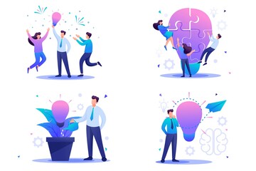 Set Flat 2D concepts to create new ideas, startup. Brainstorm business ideas. For Concept for web design