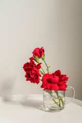 Beautiful red roses in a glass cup on white coffee table