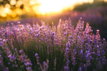 Naklejka premium Beautiful lavender flowers blooming at sunset. Concept of beauty, aroma and aromatherapy 