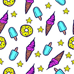 Seamless pattern with ice creams donuts and stars, vector illustration